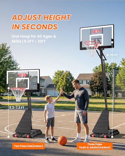 Image of IGL Basketball Hoop Outdoor 44 Inch, Height Adjustable 5.3-10 FT, Portable Basketball Goal with Shatterproof Backboard for Kids Teens Adults, Backyard Driveway