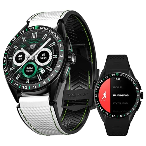 TAG Heuer Smart Watch, Fitness Watch, Connected Calibre E4 45 mm Golf Edition, Touch Screen, Waterproof, Calls, SMS, Steps, Heart Rate, Wellness, Titanium, White Or Black/Green Straps, SBR8A81.EB0251