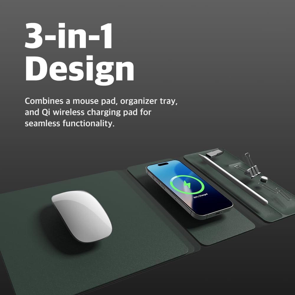 POUT H3 Split Max 3-in-1 Wireless Charging Mouse Pad – Fast Qi Charger, Mousepad Mat, and Magnetic Tray Organizer – Compatible with Smartphones and Earbuds (Deep Green)