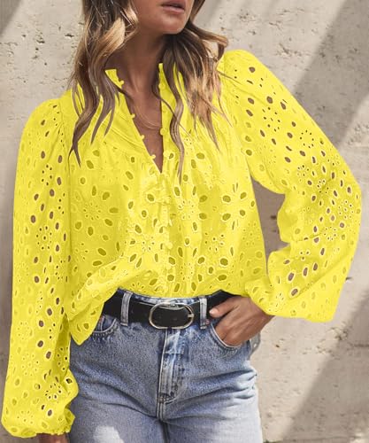 BETTE BOUTIK Women's Long Short Sleeve Tops 2025 Dressy Casual Button Hollow Out Lace Embroidered Blouses Shirts