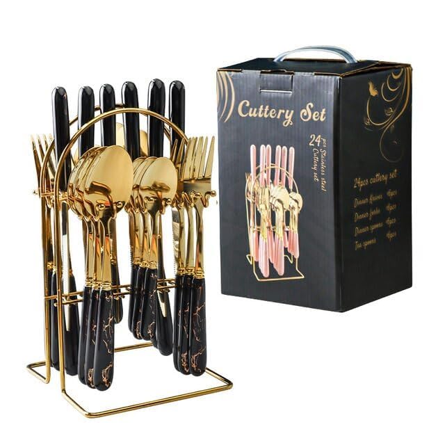 Image of Artek Stainless Steel Spoons, Forks & Knives Set of 24 with Stand and Ceramic Handle Golden Cutlery Set (Black)