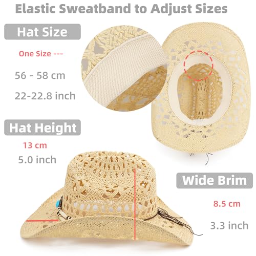 Image of Straw Cowboy Hat, Western Cowgirl Hat, Wide Brim Sun Beach Hat for Men and Women