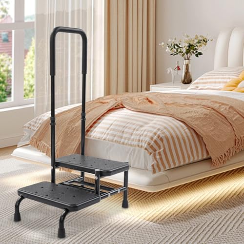 Marchepied de sécurité mobile pour personnes âgées, marchepied antidérapant avec 2 marches et poignée, hauteur réglable, pour baignoires, lits et véhicules