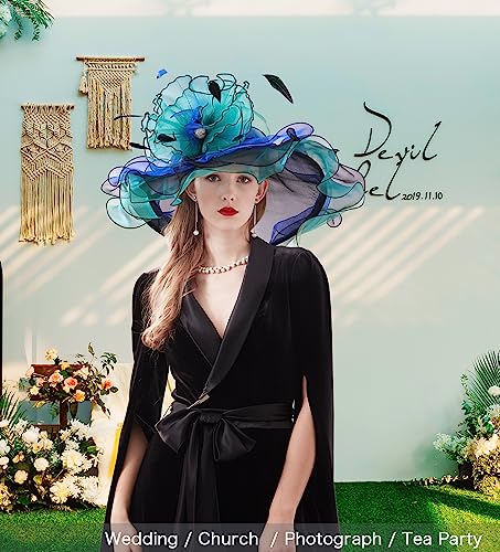 Z&X Womne\'s Dual-use Organza Church Kentucky Derby Hat Bow Fascinator Clip Wide Brim Ruffles Wedding Hat Blue Green, #03a- Green and Black, One Size