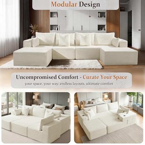 Image of 138 inch Cloud Sectional Couch, Comfort U Shaped Boneless Couch for Living Room, Extra Deep Seats No Assembly, Minimalist Modular Sofa, Corduroy (Cream, 3 Seater+Left Facing Chaise+Ottoman)