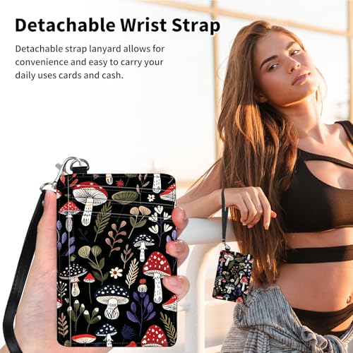 Slim Minimalist Front Pocket Wallet,Credit Card Holder Wallet for Women Men,RFID Blocking Credit Card Holder Case Leather Cute Thin Small Wallet ID Window&Wrist Strap,Red Mushroom Black2