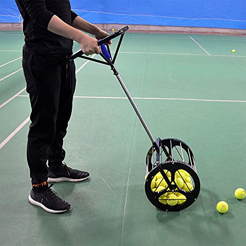 Cutycaty 2 in 1 Automatic Tennis Ball Pick Up Tool, Stainless Steel Tennis Ball Pick Up Hopper Hold Up 55 Tennis Balls, Tennis Ball Retriever Ball Collector for Schools Clubs(Black Blue)