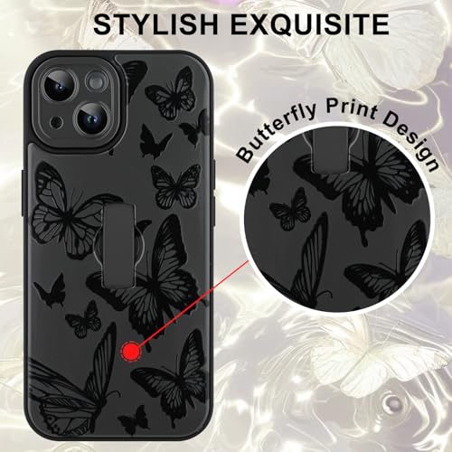 Image of for iPhone 15 Case with Finger Strap Holder, Cute Cool Butterfly Print Pattern Design for Women Men, Shockproof Anti Scratch Hand Kickstand Protective Cover, Gray