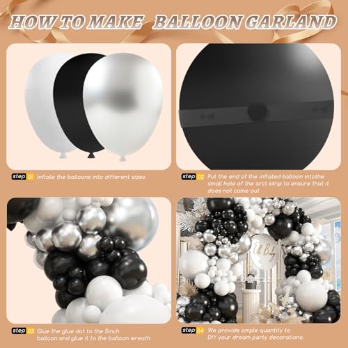 Image of 412Pcs Black and Silver White Balloon Arch Kit, 18 12 10 5 Inch Different Size Black and Silver White Balloons for Graduation Birthday Wedding Party Decorations
