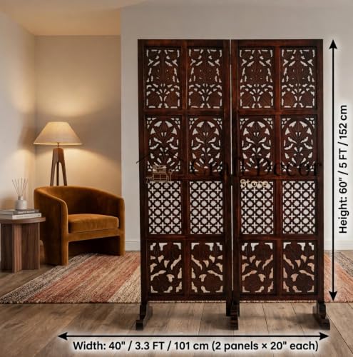 Image of Wooden Room Partition Screen Divider with Stand for Living Room and Bedroom (Brown) | Folding Sheesham Wood Room Separator Wall for Office and Salon