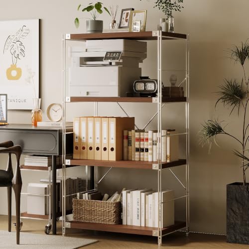 Image of 4-Tier Industrial Bookshelf, Wood and Metal Shelf Unit, Storage Bookcase