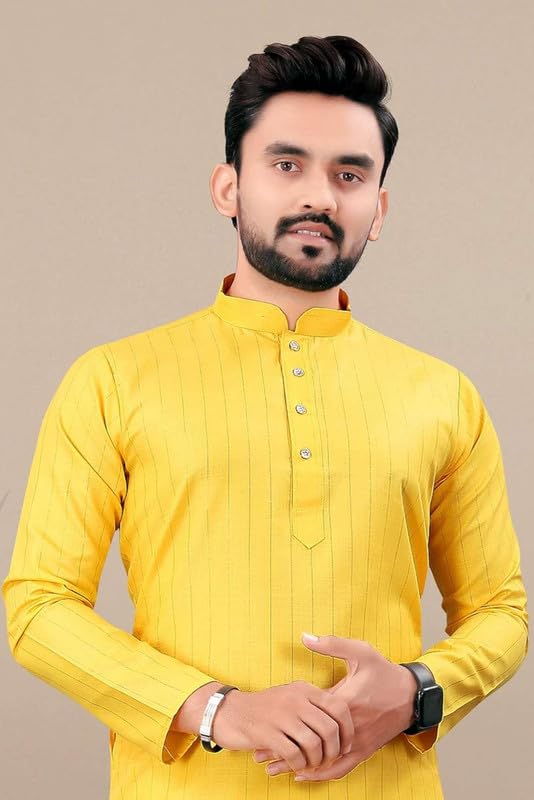 Image of FASHION GALLERY Men's Solid Pattern Polycotton Kurta with Long Sleeve Round Neck Knee Length and Pull On Closure Type|Men Kurta Pajama Set