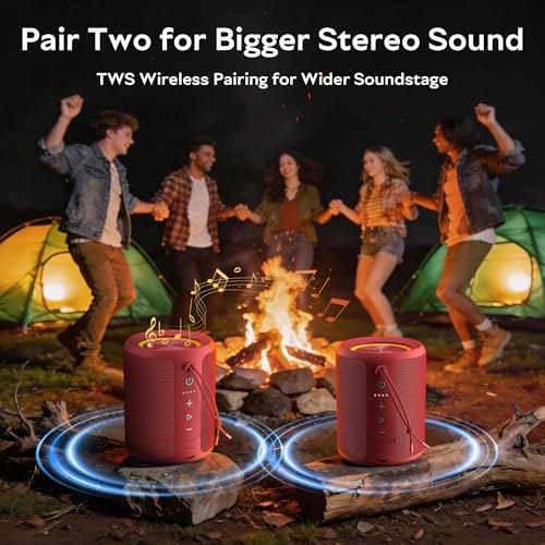 Image of Portable Bluetooth Speaker, IPX7 Waterproof Wireless Speaker with 20W Loud Stereo Sound, 15H Playtime & Beat-Synced RGB Light, Small Outdoor Speaker for Shower, Pool, Beach,Hiking,Gifts(Red)