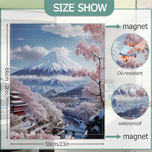 Image of Dishwasher Cover,Fuji Mountain Reusable Dishwasher Magnet Cover,Decorative Pink Cherry Blossom Magnetic Refrigerator Cover Front Panel Cover for Kitchen Decor 23x26 Inch