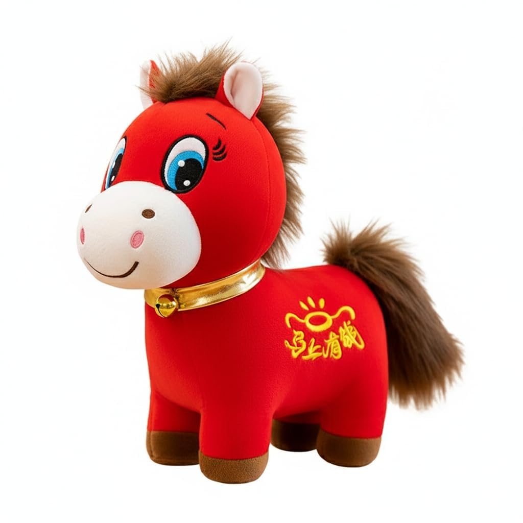 Year of The Horse 2026 Plush, 7.87in Funny Smiling/Crying Horse Plushie Figurine, Lucky Chinese Lunar New Year Mascot Zodiac Ornament for Home Store Tabletop Decor, Red, Stuffed Animal (Smiling Horse)