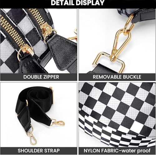 Oversized Black and White Checker Print Crossbody Bag for Women - Water Resistant Nylon Sling Bag with Vegan Leather Trim3