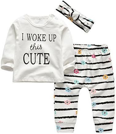 KuKitty 3Pcs Baby Girl Outfits Set I Woke Up This Cute Long Sleeve T-Shirt Tops Flowers Pants with Headband (18-24 Months)