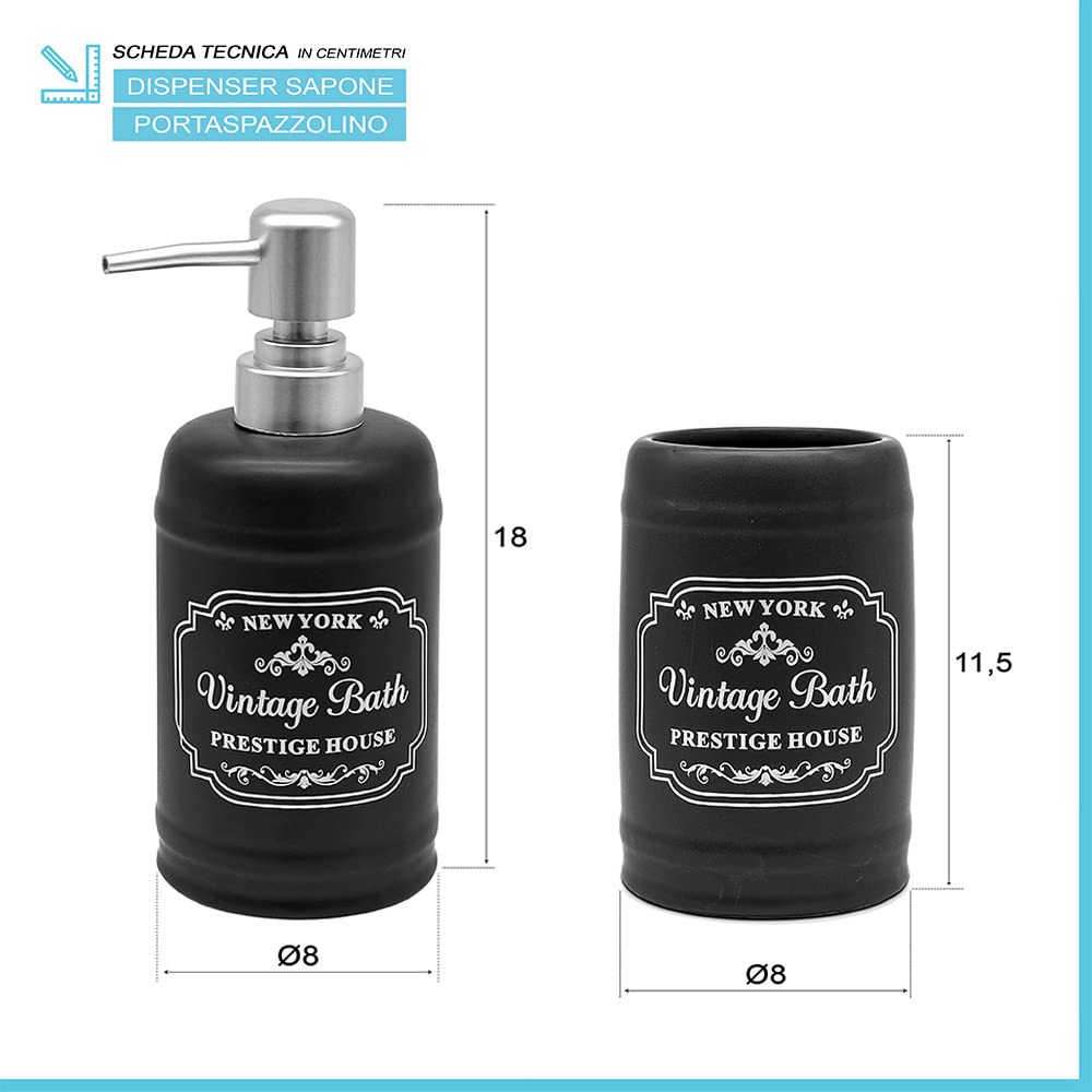 Inbagno Set Bagno Completo in Ceramica Nera con Stampe a Contrasto Bianche, Include Dispenser Sapone, portaspazzolini, portasapone e portascopino