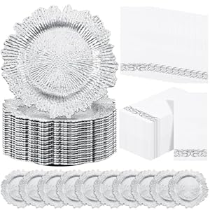 Reef Charger Plate Set Bulk 13″ Plastic Plate Chargers Matte Ruffled Rim Charger Plates with Paper Napkins Disposable Guest Towels for Table Setting Wedding Party(Silver, 100 Pcs)