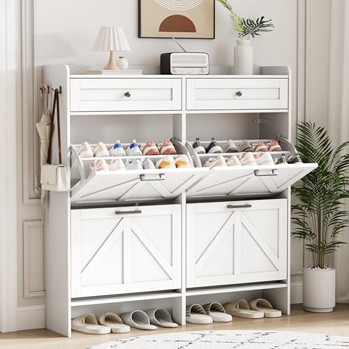 Image of Shoe Cabinet with 4 Flip Drawers & 2 Top Drawers, 43 inch Tall Freestanding Shoe Storage Organizer for Entryway, Wooden Narrow Hidden Slim Shoe Rack for Front Door Entrance, Hallway, Living Room, White