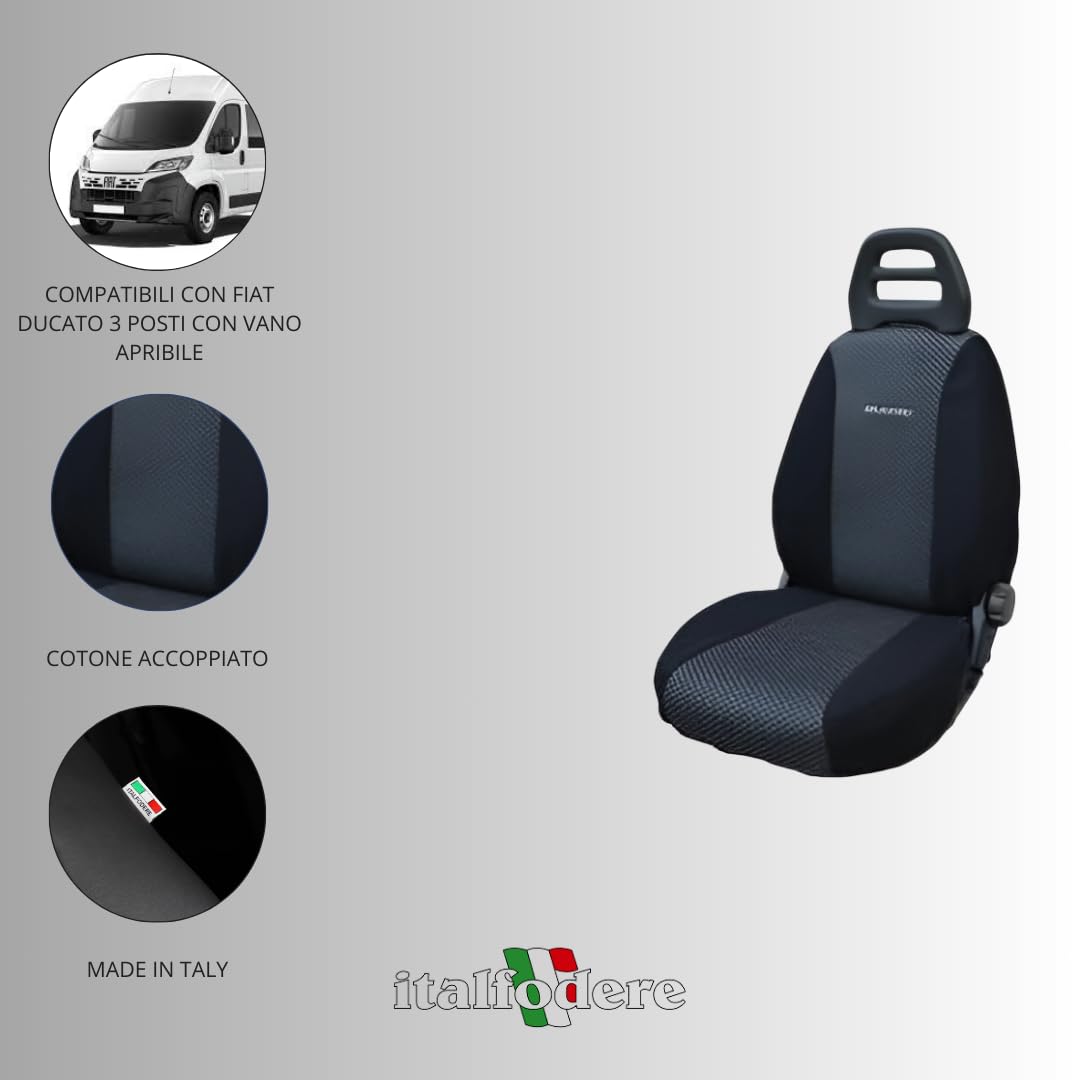 Italfodere - Coprisedili Auto Anteriori - Compatibili con Fiat Ducato 3 Posti con Vano Apribile - Fatti a Mano - Gommapiuma e Poliestere - Accessori Auto Interno - Made in Italy - Nero