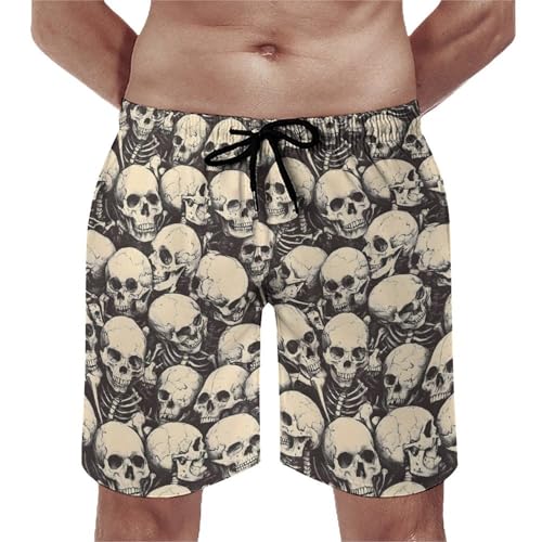 Hawaiian Shorts for Men - Comfy Retro Skull (A) Print Mens Swim Trunks Bathing Suits with Mesh Lining