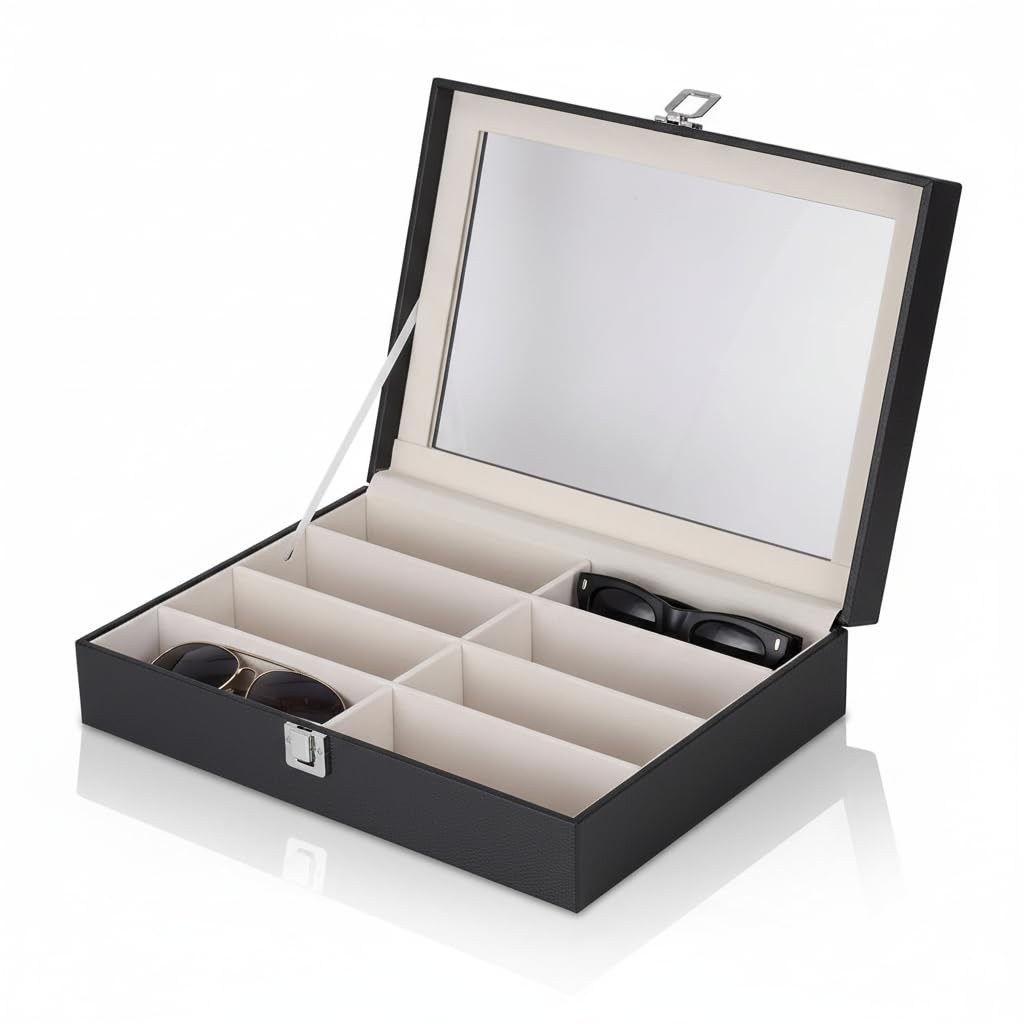 Luxury Sunglass Case with Mirror - Vegan Leather Sunglasses Organizer for Travel, Eyeglass Holder, Goggles Case for Men & Women, Green - Scratch-Free Velvet Lined Protection