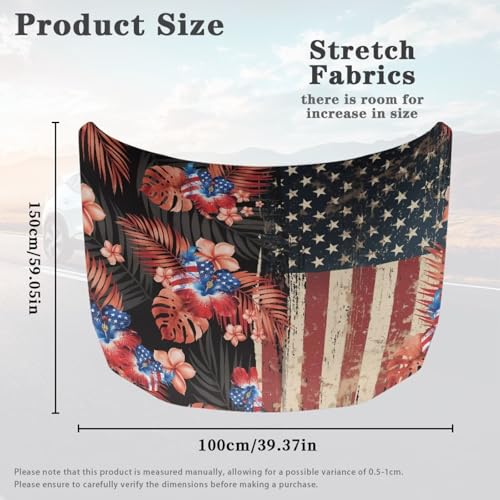 Image of Retro American Flag Front Hood Covers for Cars Hibiscus Car Hood Cover for Women Car Hood Cover Wrap Auto Decor Adjustable Automotive Hood Covers for Cars Sedan Accessories, 4th of July