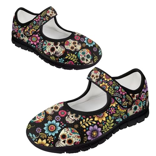 Binienty Mary Jane Shoes for Women Gothic Skull Flat Shoes Stylish Ballet Flats Youth Dressy Comfortable Daily Footwear
