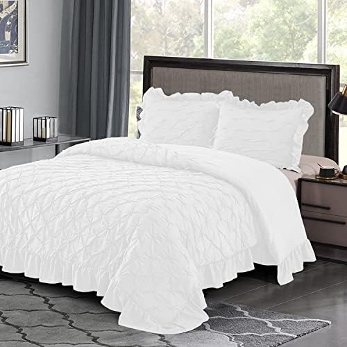 HIG Shabby Chic Comforter Set Queen White Lace Ruffled - Pintuck Pinch Pleat Design - Super Soft Prewashed Microfiber Lightweight - 3 Piece Bedding Set with 2 Shams(Brianna-Queen,White)