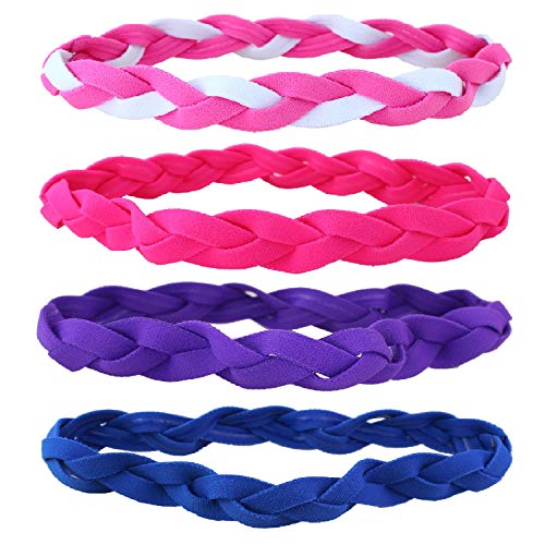 TENGFENG Sports Headband 4pcs Girls No Slip Grip Braided Sweatband Teens Elastic Hair Bands