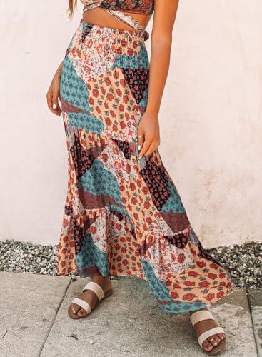 Image of Happy Sailed Womens Floral Print Boho Maxi Skirt Elastic High Waist Pleated Ruffle Flowy Long Skirts S-XL
