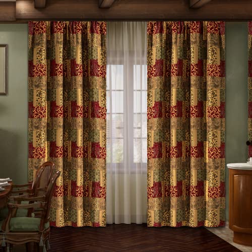 Loom And Mill Luxury Damask Curtains For Living Room, Golden Thick Chenille Jacquard Window Treatment With Tiebacks For Bedroom Party Banquet Decorations (2 Panels, 52 X 84 Inch, Red&Gold) #TOP17