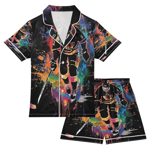 ALAZA Ice Hockey Player Black Satin Pajamas Set Short Sleeve Button Down Sleepwear Summer Pjs 2 Piece