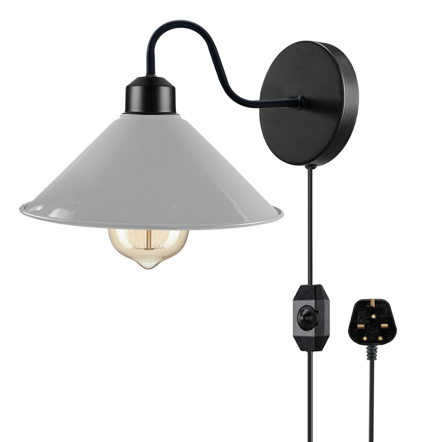 LEDSone Vintage Style 2 M Cone Shade Adjustable Arm Mechanism Metal Modern Wall Lights E27 Lamp Socket Dimmer Switch UK Plugin Wall Sconce Light Fixture (White)
