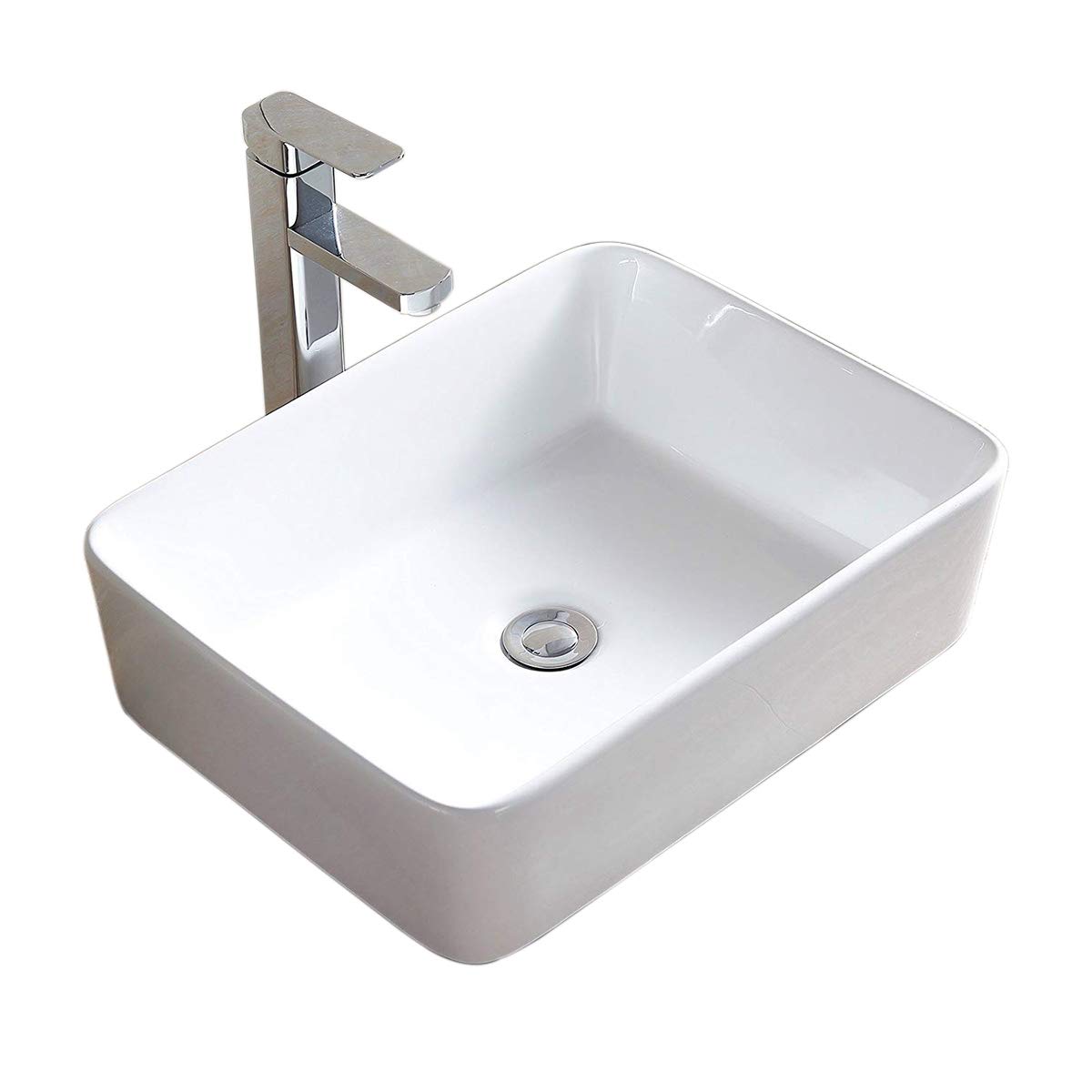 【混合水栓と高級Pトラップセット付き】UrChoiceLtd 置き型 310*410* 135mm 洗面ボウル セット 陶器製 全品付属（混合水栓/排水金具/Pトラップ） おしゃれ 洗面台 手洗い器 手洗いボウル 延長用パイプ付き 蛇口付き 取り付け簡単 長方形 臭気防止 水漏れ防止 室内 和風 洋風 バスルーム用 キッチン用 家庭用 店舗用 高温焼成 方形 ホワイト