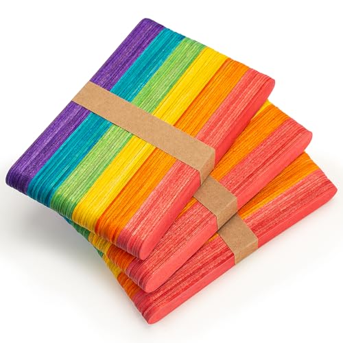WISYOK 180 Pcs 6 Colored Jumbo Wooden Craft Sticks - Rainbow Wooden Popsicle Sticks for Creative Designs or Kids Education Home Art Projects