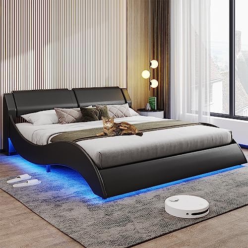 DICTAC Queen Led Bed Frame Modern Faux Leather Upholstered Platform Bed Frame Queen Size with RGB LED Lights and Headboard Wave Like Curve Low Profile Bed Frame,Wood Slats Support,Easy Assembly,Black
