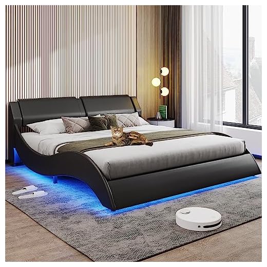 DICTAC Queen Led Bed Frame Modern Faux Leather Upholstered Platform Bed Frame with RGB LED Lights and Headboard Queen Size Wave Like Curve Low Profile Bed Frame,Wood Slats Support,Easy Assembly,Black