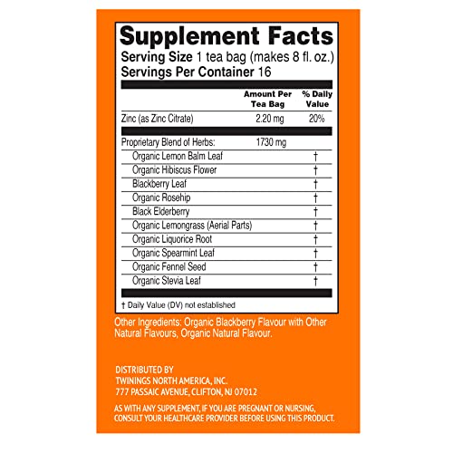 Image of Twinings Superblends Immune Support+ Zinc Blackberry Flavoured Hibiscus & Elderberry Herbal, Naturally Caffeine-Free, 16 Count (Pack of 2), Enjoy Hot or Iced, 16 Teabags