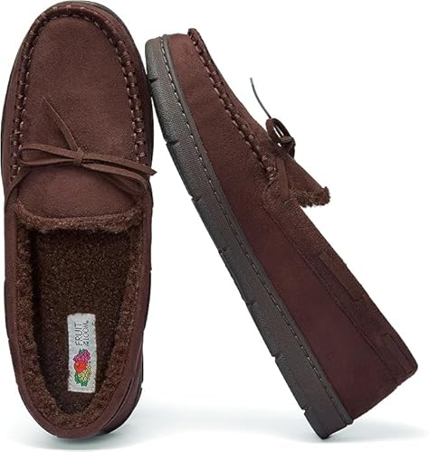 Fruit of the Loom Men’s Moccasin Slippers – Memory Foam Indoor Outdoor House Shoes, Sherpa Lined, Non-Slip, Cozy Fuzzy Gifts for Men, Dad, Husband, Christmas, Brown, Large