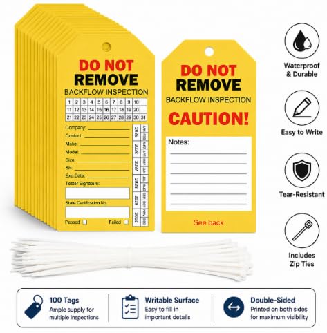 Backflow Inspection Tags 100 Pack, Waterproof Heavy Duty Maintenance Record Tags with Zip Ties, 2 x 4 inch Hang Tags for Backflow Preventer Test, Plumbing & Fire Safety Inspection