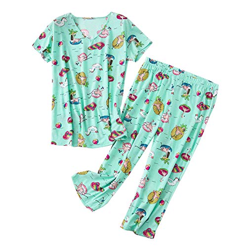 GTLY Summer Pajamas for Women - Stylish Print Ladies Pajama Set, Oversized Shirt Capri Lounge Pants  , Green ,XXX-Large