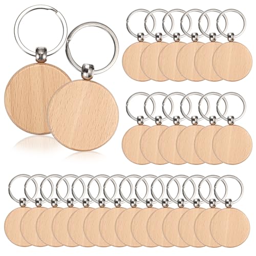 BSTKEY 100枚セット無地木制キーホルダー DIYブランク木 木製キーチェーンバルク キータグリング 装飾用木片 木製彫刻 色付け可能 手作り木材 ペットタグの製作 天然木 丸形 軽量 欅 - BSTKEY - 商品画像