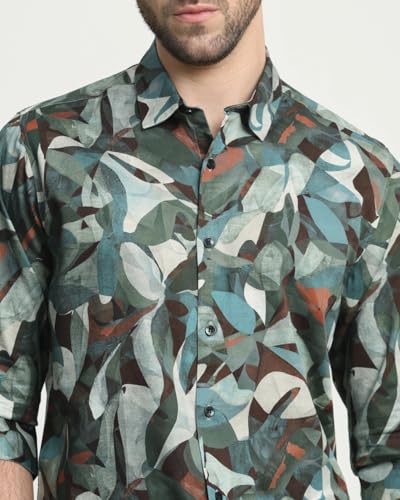 Image of MUFTI Olive Abstract Slim Fit Shirt