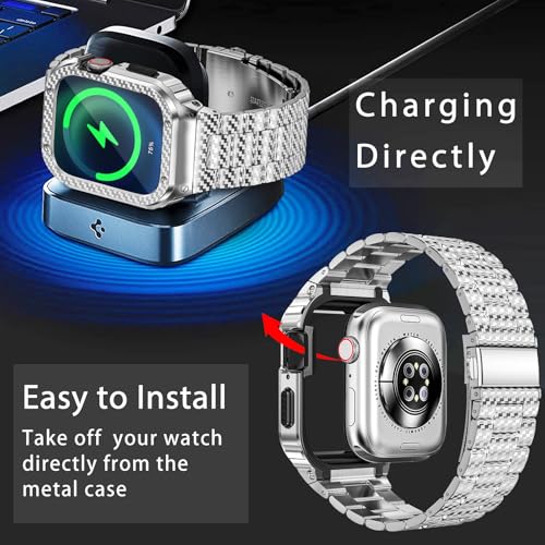 Image of MioHHR Stainless Steel Band and Case Compatible with Apple Watch 38 /40 /41mm | Men Metal Protective Bumper Cover with Straps for iWatch Series 9 8 7 6 5 4 3 2 1, SE3, SE2, SE, Silver Pattern