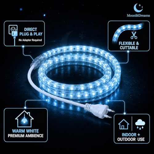 Image of MoonlitDreams 20M LED Rope Light | 120 LEDs /M Waterproof Strip Light | Ice Blue Flexible Cove Light for False Ceiling, Balcony, Bedroom, & Indoor Outdoor Decoration | Plug & Play Decorative Light