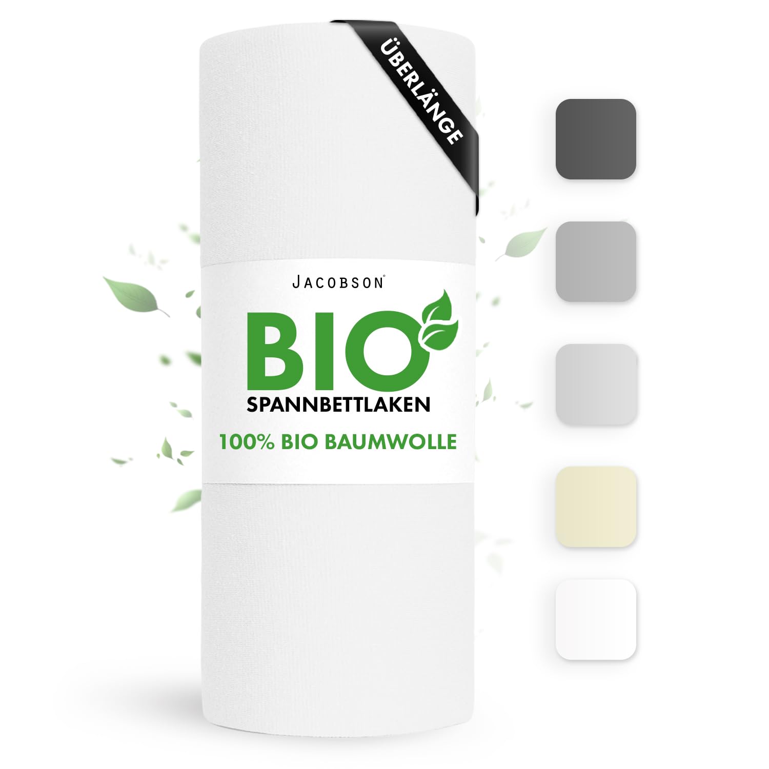 Jacobson Bio Spannbettlaken ÜBERLÄNGE 180x220cm Baumwolle Spannbettlaken, GOTS zertifiziertes Bettlaken, 160g/m² Jersey Spannbetttuch (180x220, Weiß)