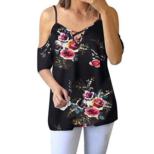 Women Clothing Clearance,Mikey Store Casual Sexy Floral Printing T-Shirt Blouse (L, Black-Cold Shoulder)