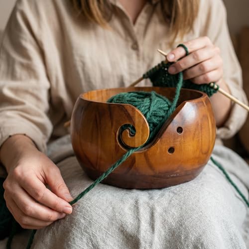 Image of Wooden Yarn Bowl for Crocheting, Knitting Yarn Bowl with Holes Storage, Crochet Bowls for Yarn, Crochet Yarn Bowl for Crocheting and Knitting Lovers Gift(6 inch x 6 inch x 3 inch)